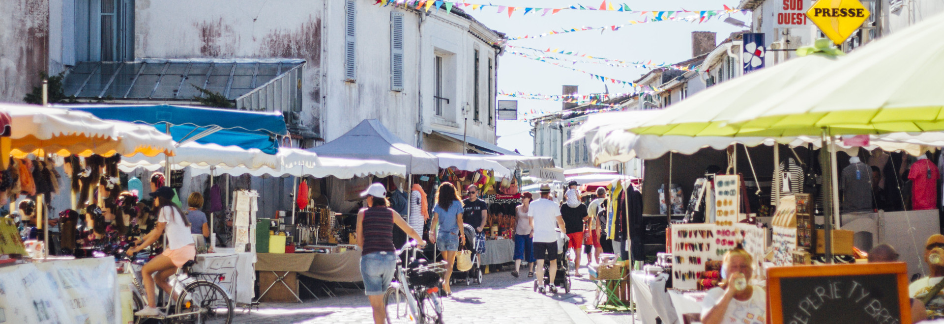 Summer market in the village of Bois-Plage, holidays on the Ile de Ré