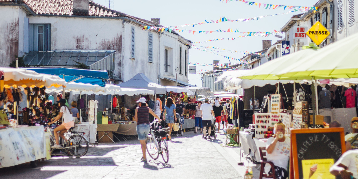 Summer market in the village of Bois-Plage, holidays on the Ile de Ré